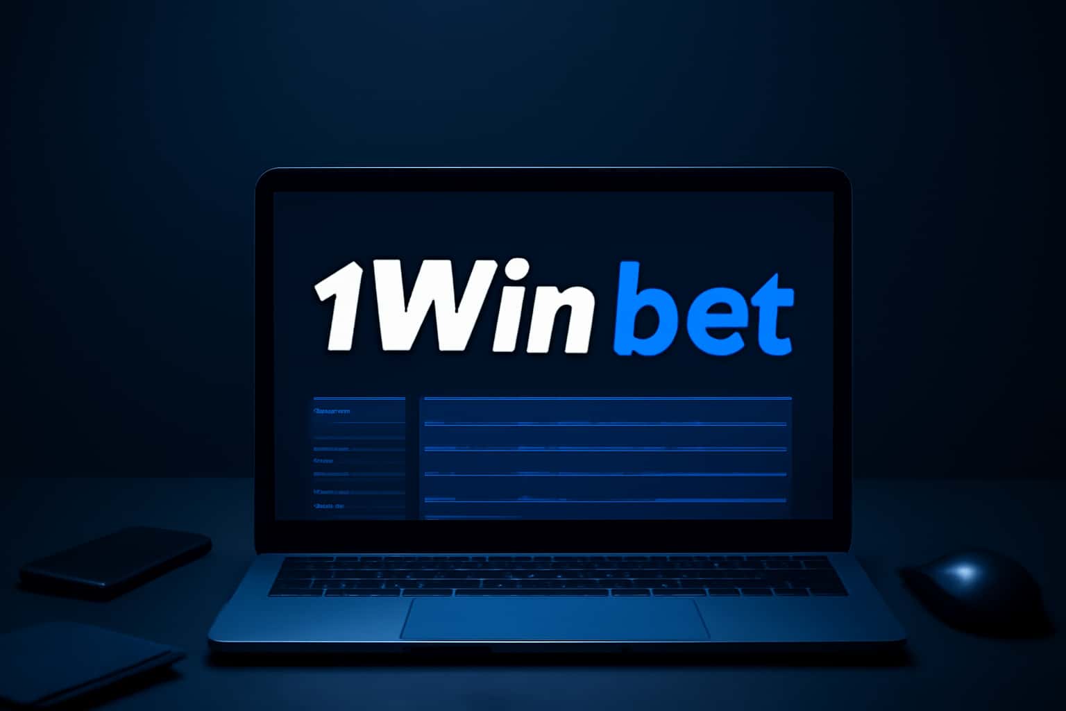An informational scene depicting the features of 1Win bet with high-tech elements.